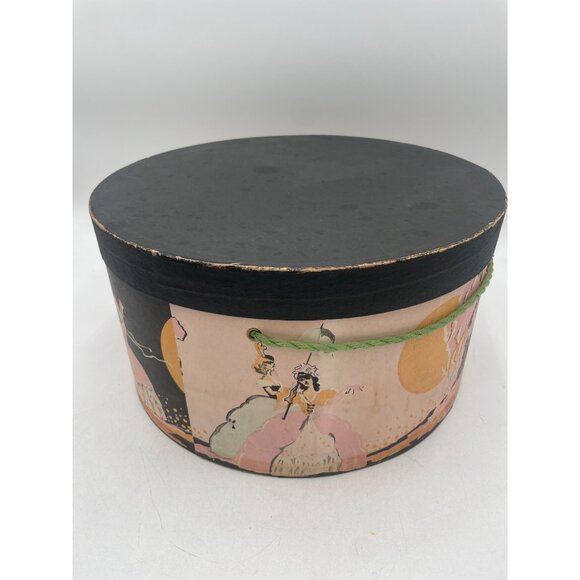 Antique Cardboard Hat Box 17th Century Garden Party Graphics 1920s13"x7" - Picture 5 of 6